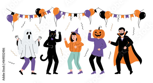Festive Halloween Party with People in Costumes Dancing and Celebrating, Ideal for Event Promotion, Holiday Greetings, or Themed Design Projects.
