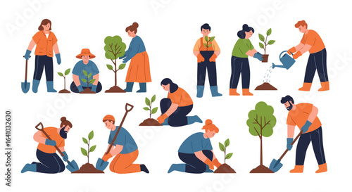 Diverse Group of People Planting Trees and Seedlings for Environmental Conservation and Sustainable Landscaping Projects Illustration