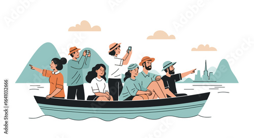 Group of Friends Enjoying a Boat Trip on a Lake with Mountain Scenery, Perfect for Travel Blogs, Adventure Tourism, and Promoting Group Travel Experiences