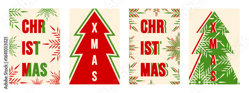 Modern Christmas greeting card cover set. Vector illustration of simple snowflakes Christmas tree and Xmas greeting typography. Perfect Xmas poster brochure minimal style postcard print collection.