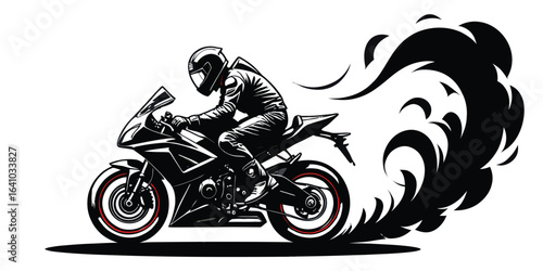 Dynamic Motorcycle Illustration Striking Black and White Image of a Rider Speeding with Trail of Smoke Artistic Silhouette
