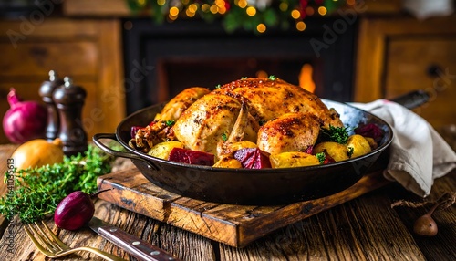 Roasted Chicken Dinner with Potatoes and Beets, Festive Holiday Feast
