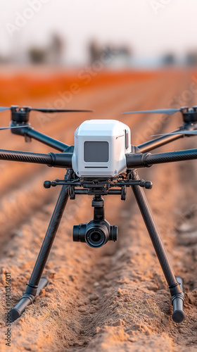 Close up of a drone on a field ready for aerial photography work