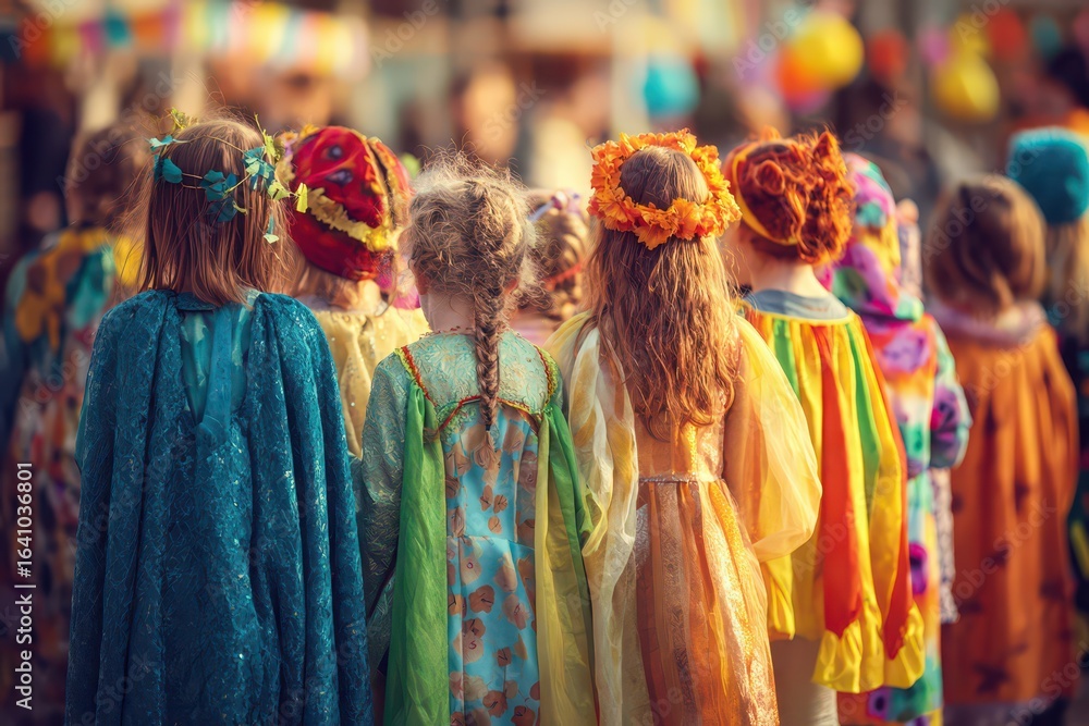 Fototapeta premium Children in colorful costumes prepare for the celebration of the first bell at a school event in early autumn, showcasing joy and excitement