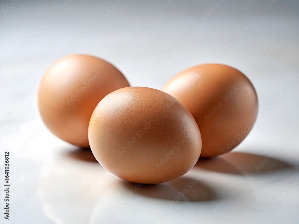 Three brown chicken eggs isolated on white background, a source of protein and nutrition Three brown chicken eggs isolated on white background, a source of protein and nutrition