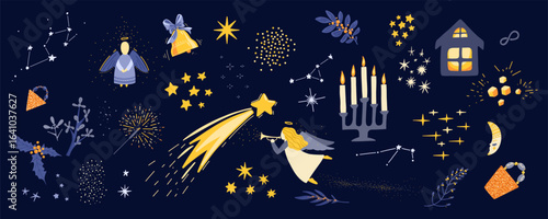 Christmas and nativity scene vector elements set. Joyful seasonal graphics. Winter collection for holiday designs.