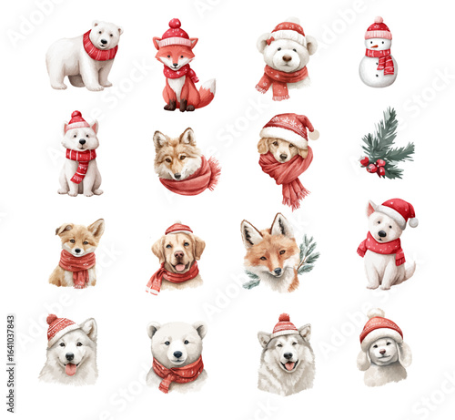 Festive and cute animals in winter scarfs, Christmas decoration, Watercolor. Collection of Vector  illustrations, bears, deer, dog, fox. Perfect for invitation, card, poster, banner, decoration