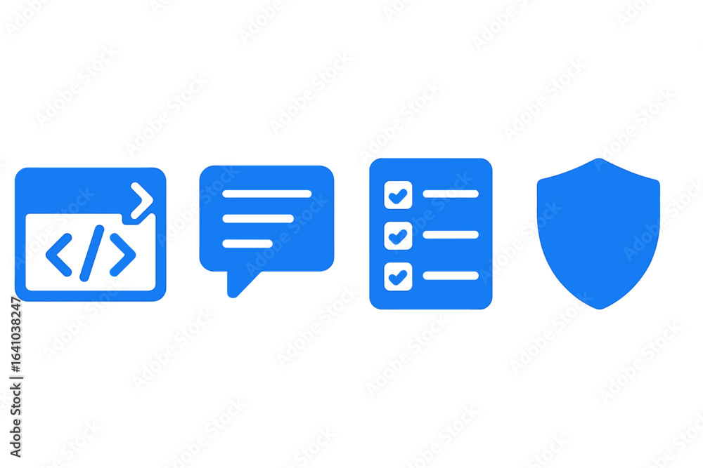 Modern icons representing coding, communication, task management, and security in a digital environment Modern icons representing coding, communication, task management, and security in a digital environment