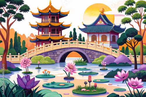 Chinese classical garden with lotus ponds, bamboo groves, bonsai, and stone bridge cartoon wallpaper