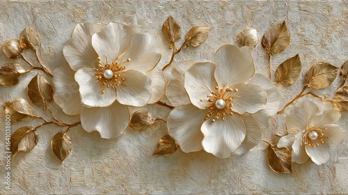 Elegant floral arrangement with three large, creamy white flowers, each adorned with a golden center