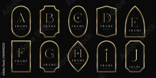  Collection of thin linear gold art deco frame. golden Celestial frame, arch and border. Luxury gold borders for for wedding invitation. Elegant logo line frame Vector illustration
