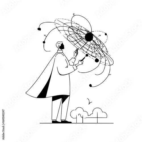 Vector illustration of a scientist manipulating a complex atom model with clouds and a bird below him minimilist