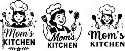 Mom’s Kitchen Logo Vector Set – Retro Female Chef Illustration for Homemade Cooking and Restaurant Branding