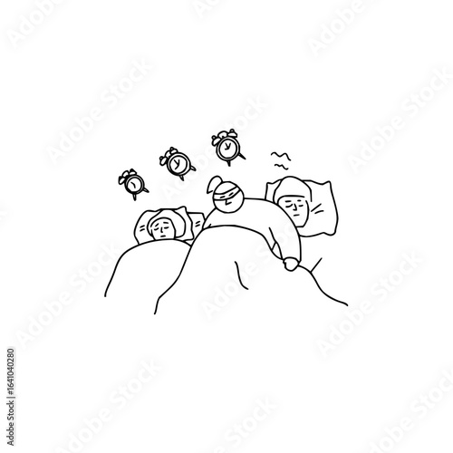 Vector illustration of three people sleeping in a bed with alarm clocks floating above them in black and white minimilist