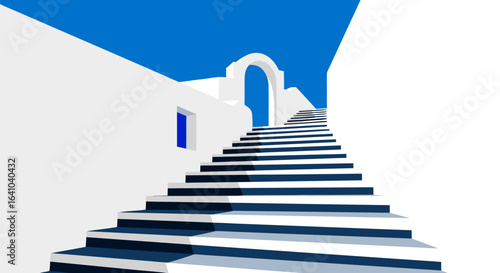 A minimalist graphic illustration of a sunlit white staircase leading to an archway in a classic Mediterranean village under a deep blue sky.