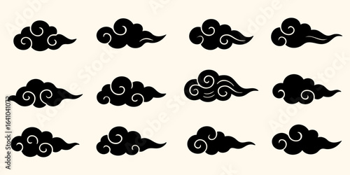 Japanese cloud silhouettes swirl style black