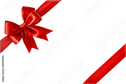 Shiny red ribbon with bow in corner isolated on white background.