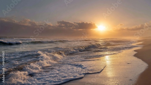 The sun rises slowly, casting golden light on the rhythmic waves at the peaceful shore.