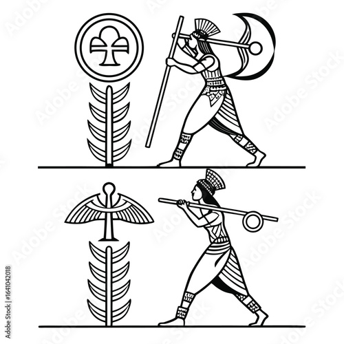 Ancient egyptian figures holding staffs with symbols