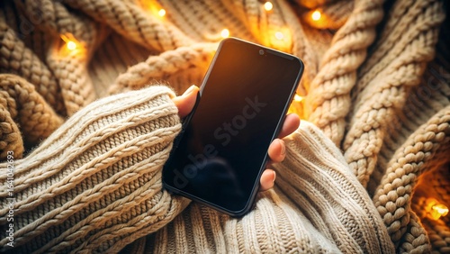 Hand holding a smartphone over a wooden table