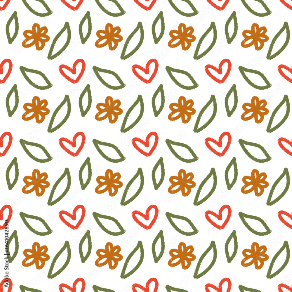Obraz premium Seamless pattern with red hearts, orange flowers, and green leaves for romantic decor