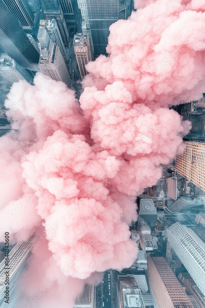 Fototapeta premium Aerial view of tall buildings. Pink cloud floats among skyscrapers. Cityscape seen from above. Urban landscape with pastel color smoke. City high angle panorama.