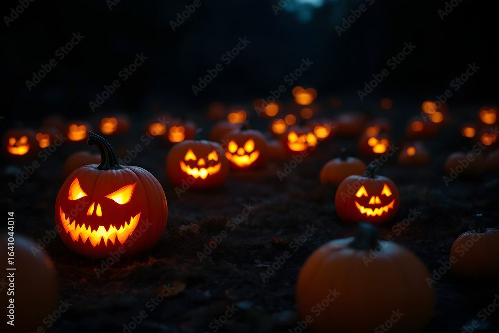 Fototapeta premium Halloween Night A Spooky Patch of Glowing Jack O Lanterns