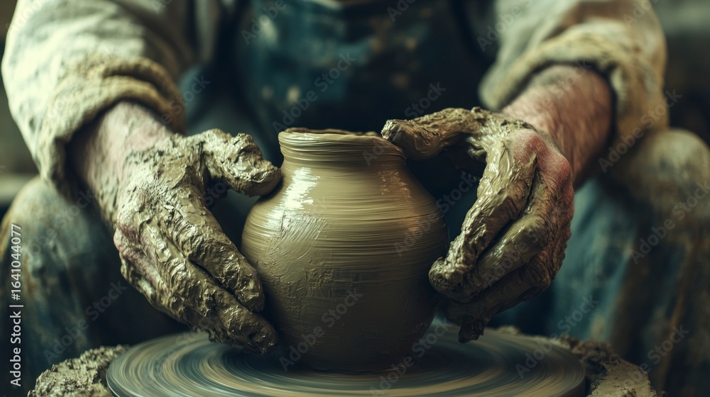 Hands shaping clay pot on a pottery wheel Hands shaping clay pot on a pottery wheel