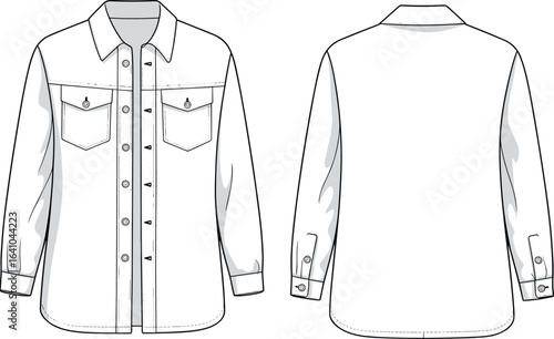 Front and back view long sleeve shirt, button closure, flap chest pockets, cuff detail, fashion flat sketch, apparel technical drawing template