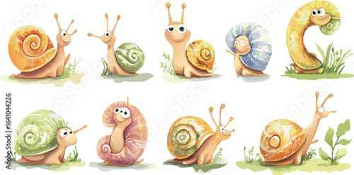Collection of cartoon snail illustrations in various poses and shell colors on white background