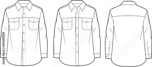 Men’s button-up shirt flat sketch, long sleeve casual shirt design template, front and back view, fashion apparel vector, clothing technical drawing