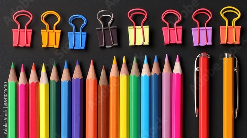 Neatly arranged colorful clips, pencils, pens on black background, presenting creative, stationery and office scene.