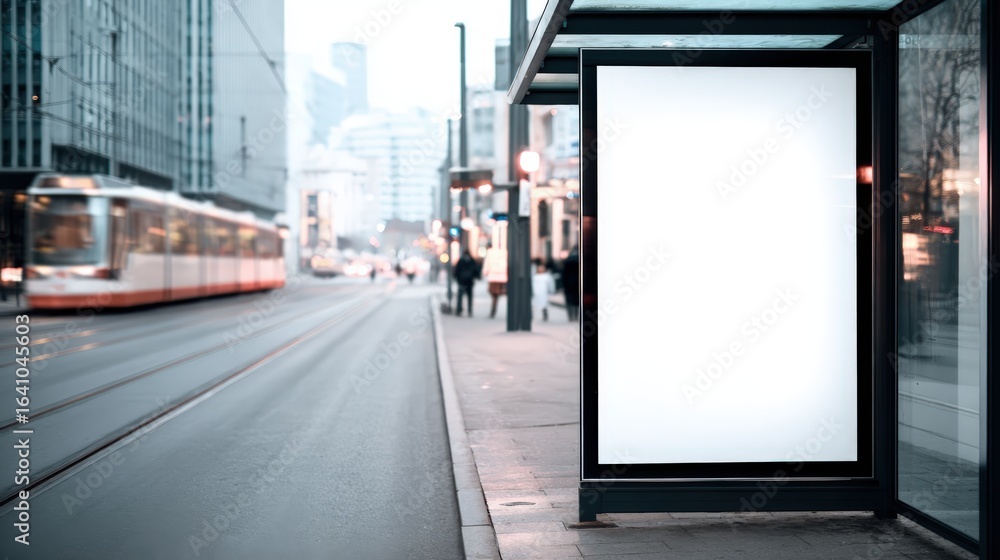 Fototapeta premium Blank Advertisement Billboard Mockup at Bus Stop in Urban City Center for Marketing