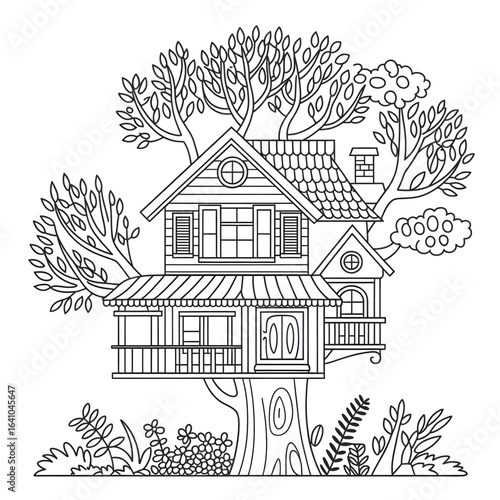 A black and white tree house illustration line art of a coloring page