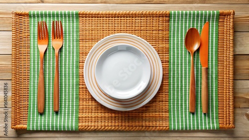 Empty clean white dinner plate with a fork, knife, spoon, and chopsticks on a wooden table
