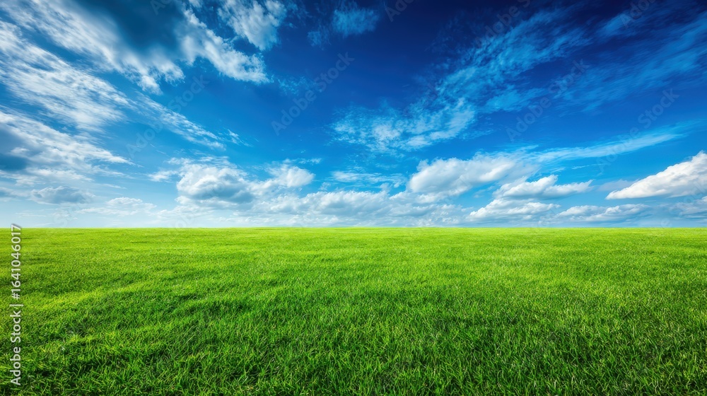 Fototapeta premium Lush Green Field Under a Vibrant Blue Sky with Scattered Clouds on a Sunny Day