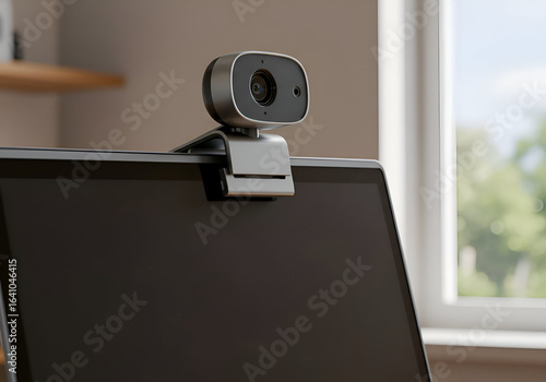 Gray webcam attached to laptop screen in a home office setting. Device is mounted on a laptop, displaying a blank screen with a neutral background.