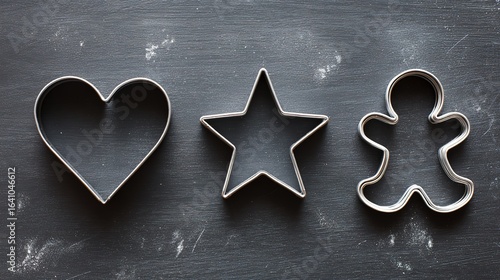 On a dark wooden countertop, metal baking molds in heart, star and gingerbread man shapes are neatly arranged, 