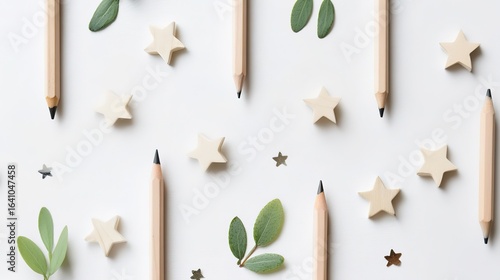 Wooden Pencils, White Stars, Green Leaves On White Background