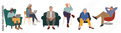 Flat vector illustration set of diverse senior business people sitting in armchairs and chairs, using laptops, resting, and working from home, isolated on transparent background.