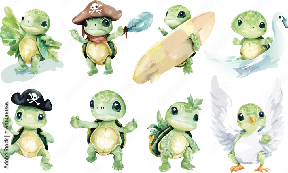 Obraz premium Whimsical Watercolor Turtles in Various Costumes and Accessories on White Background