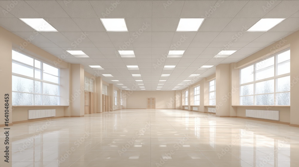 Fototapeta premium Bright Empty Hall with Windows and Illuminated Ceiling Panels, Ideal for Commercial or Institutional Use