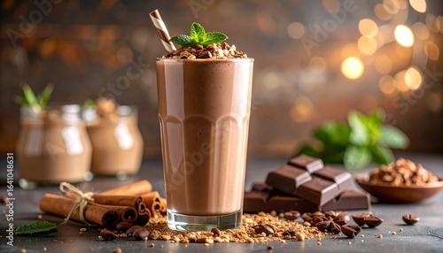 Wallpaper Mural Delicious Chocolate Milkshake with Fresh Mint and Toasted Nuts, a Refreshing and Indulgent Dessert Beverage Perfect for Any Occasion, Shot in a Cozy Ambiance with Bokeh Lights Torontodigital.ca