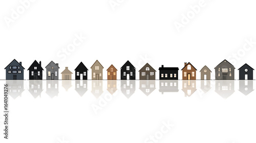 Colorful row of illustrative houses with reflections on white background showcasing urban living design elements