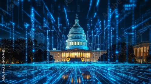 USA Capitol building surrounded by blue digital data streams