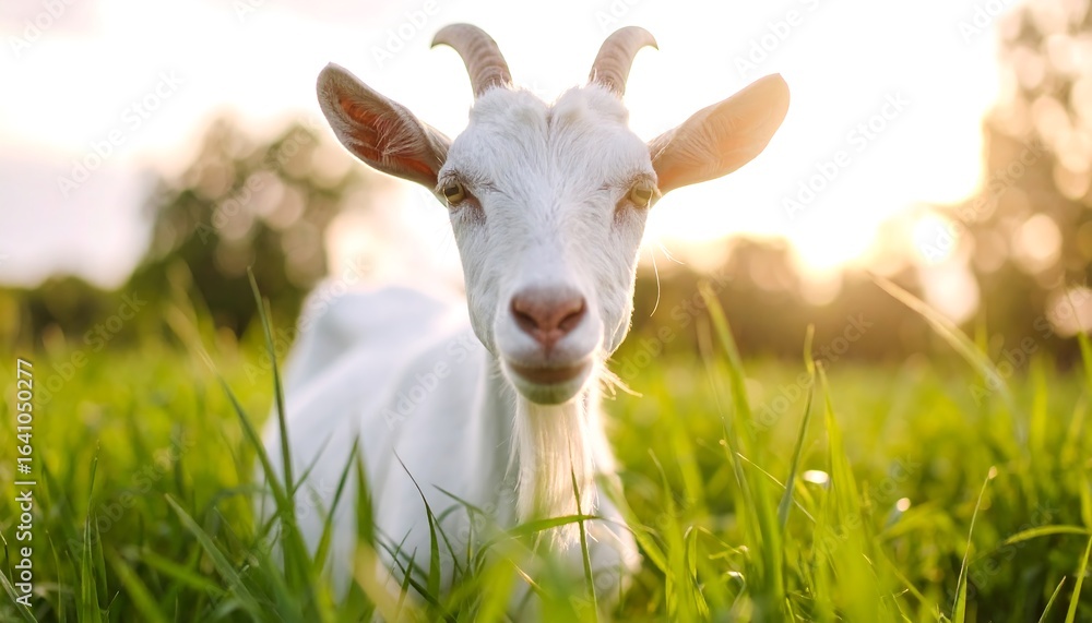 Obraz premium White goat in grassy field at sunset (2)