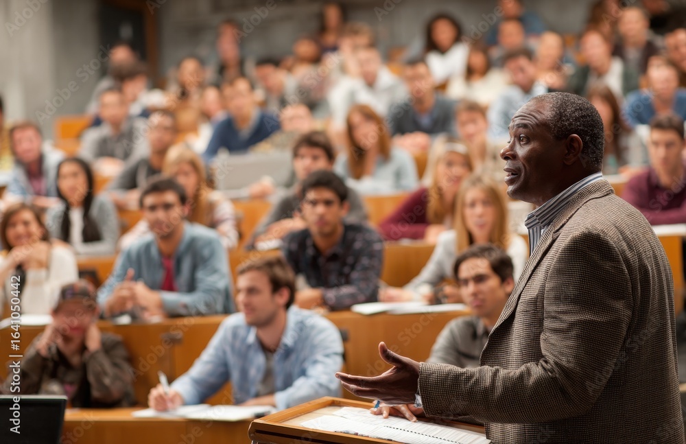 Obraz premium Professor giving lecture to university students in amphitheater