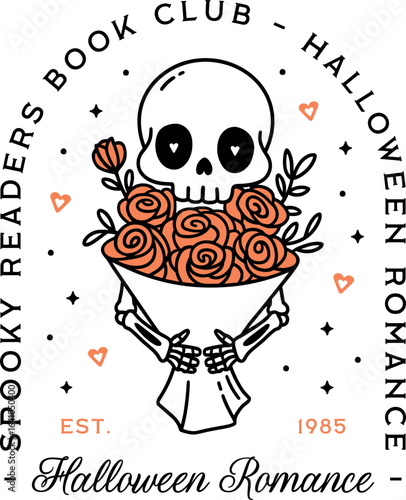 Halloween romance spooky book club readers creepy reading squad group logo badge girl shirt design. Dark romantic lovers fall season gothic floral aesthetic skeleton orange roses illustration clipart.
