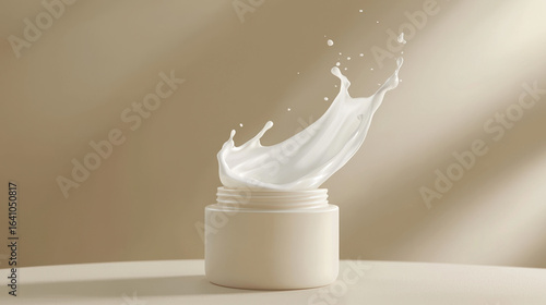 A realistic product mockup featuring a single white cream container on a soft beige background. 