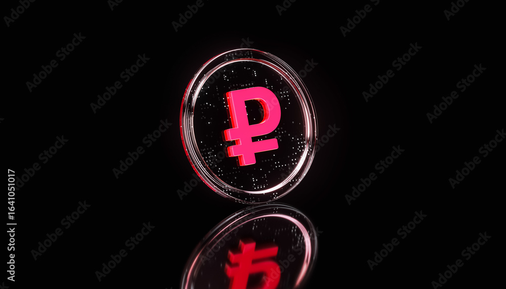 Obraz premium Futuristic red transparent glass Ruble Coin on dark background – 3D Digital Currency Concept